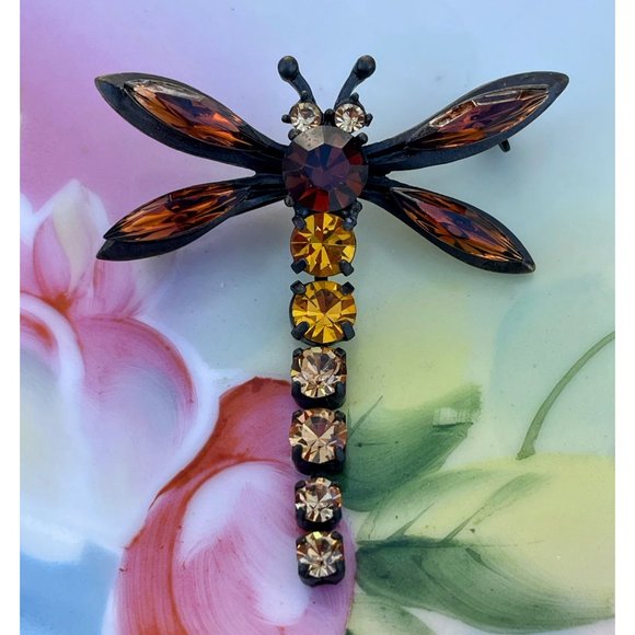 Vintage Brooch Articulated Dragonfly Brown Orange Rhinestones - Picture 2 of 10
